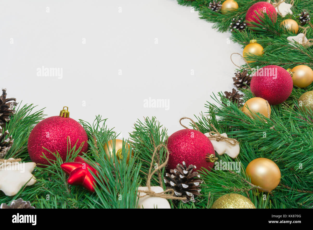 Christmas garland with pure green natural fir branches with cones on ...