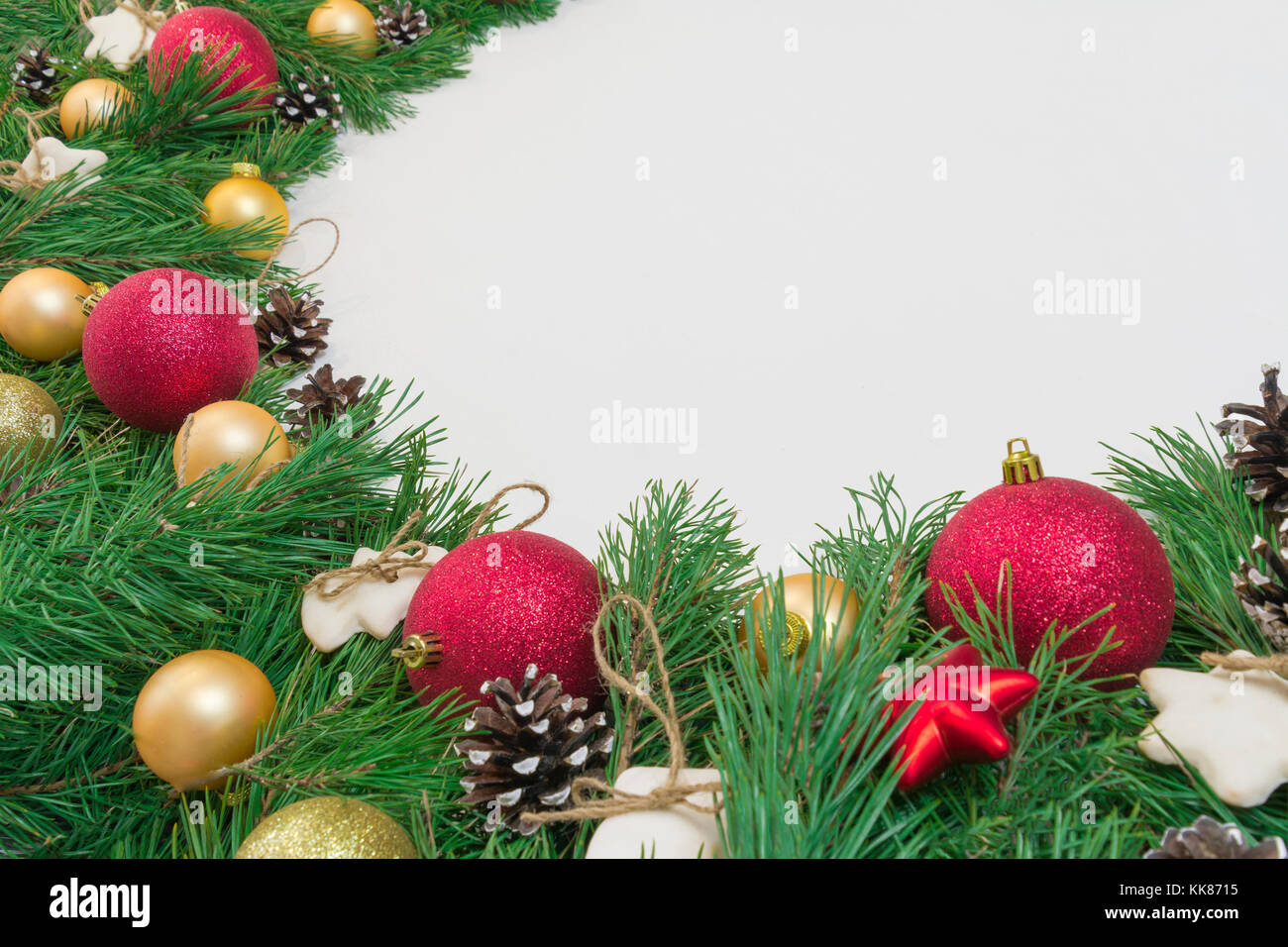 Christmas garland with pure green natural fir branches with cones on ...