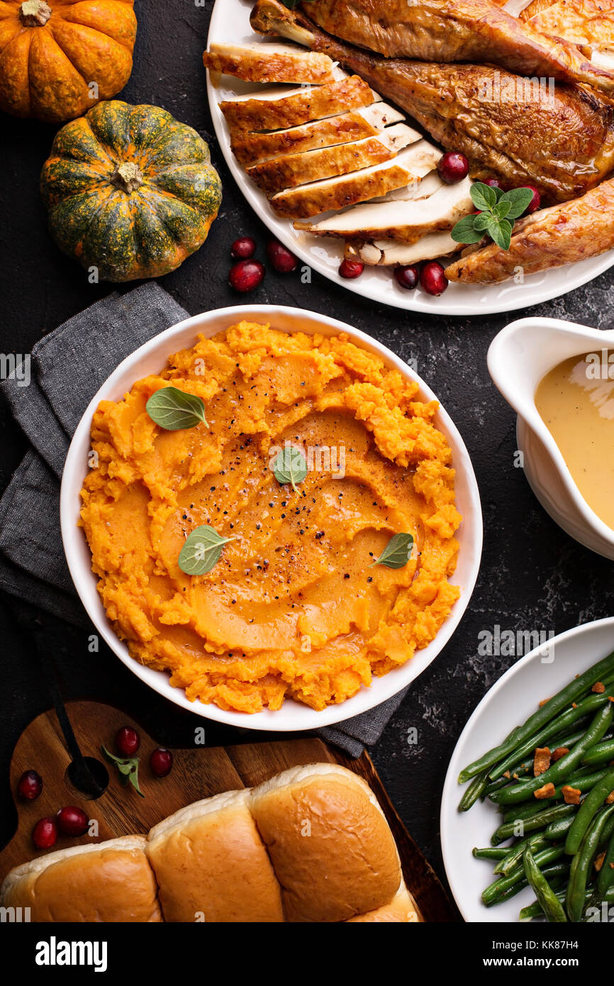 Mashed sweet potatoes on Thanksgiving table Stock Photo