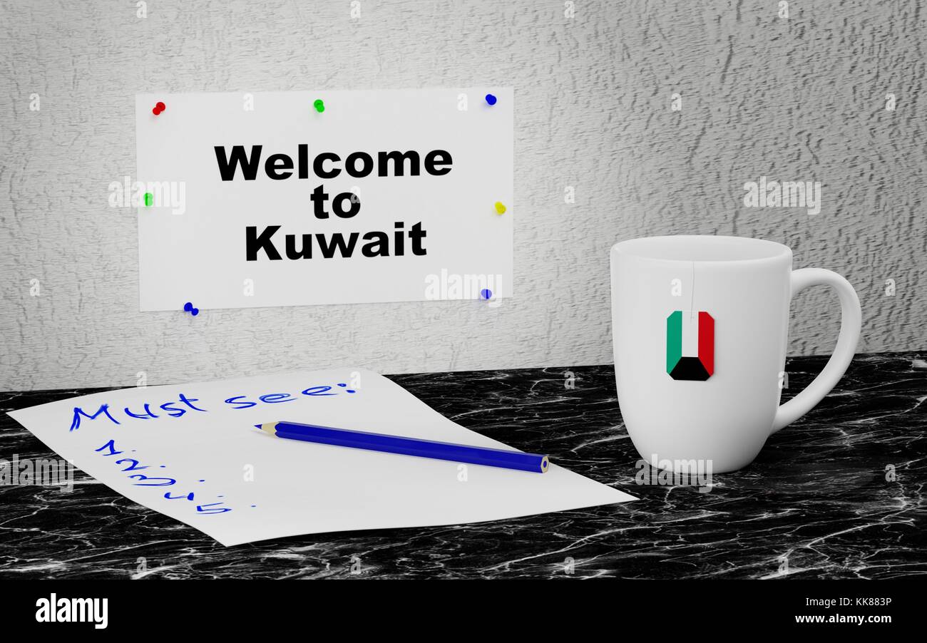 Big mug and label on the wall with text Welcome to Kuwait. 3D rendering. Stock Photo