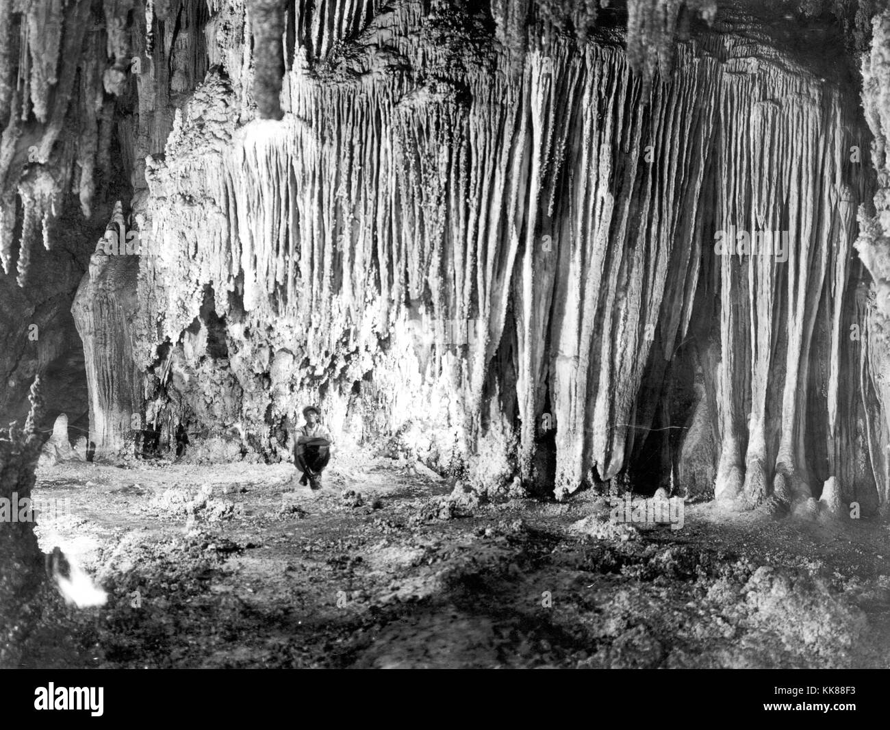 View inside Carlsbad Caverns National Park, New Mexico, showing a wall in the chambers known as Shinav's Wigwam (from Shinav, a mythical deity of the Navajo Indians). The stalactites have grown together laterally to form a solid curtain-like mass. Image courtesy USGS. 1923. Stock Photo