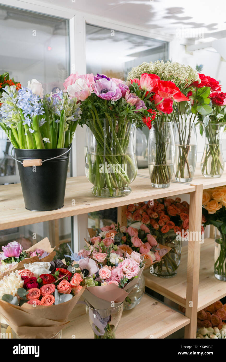 different varieties. Fresh spring flowers in refrigerator for flowers