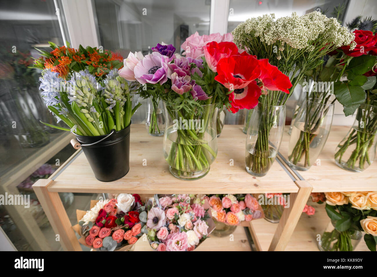 different varieties. Fresh spring flowers in refrigerator for flowers