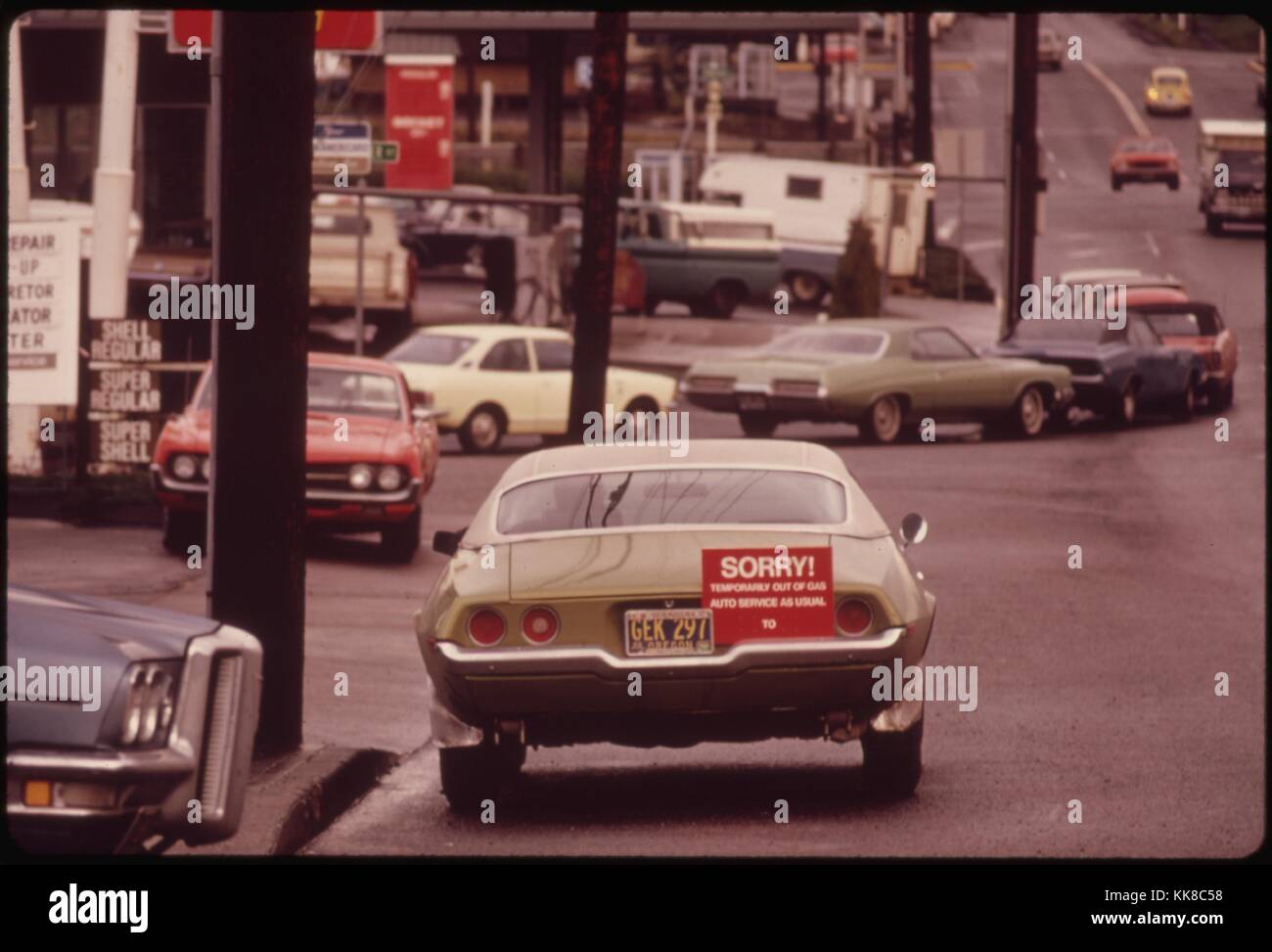 After Hours in a Gasoline Line a Driver Could Arrive at the Pumps and Find Out That the Car Ahead of Him Was the Last to Get Fuel. So Many Stations, Such as This One in Portland, Began Using a 'Sorry' Sign on the Last Car to Get Gas. Image courtesy National Archives, 1973. Stock Photo