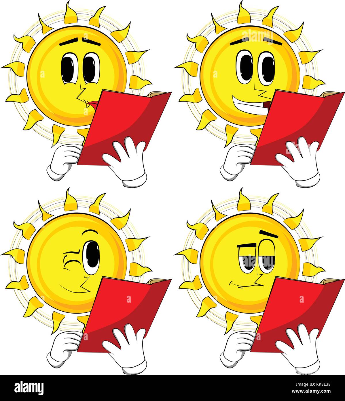 Cartoon Sun Reading A Red Book Collection With Happy Faces