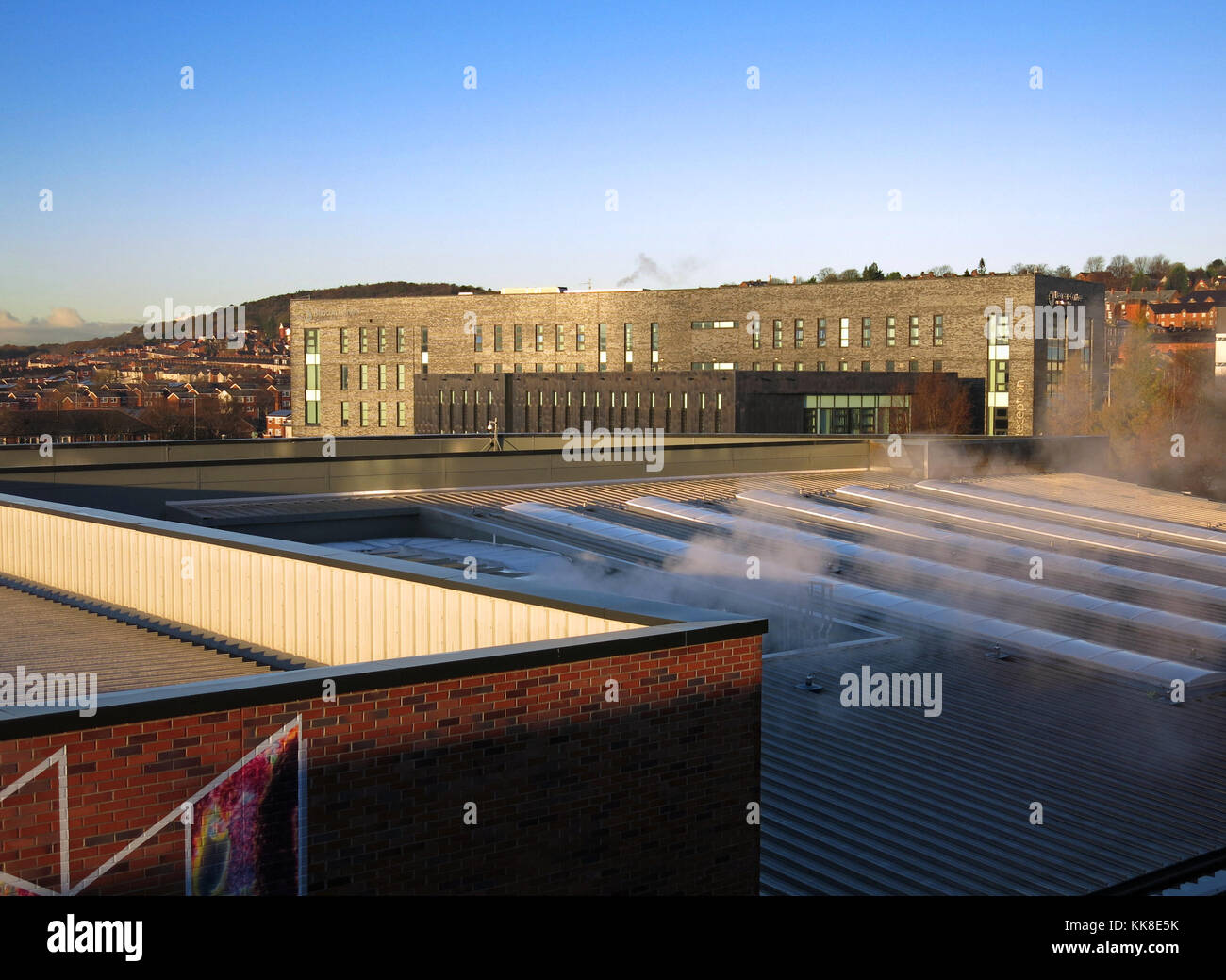 Photographs of Blackburn taken early in the morning from the top floor of Fielden Street multi storey car parl. Stock Photo
