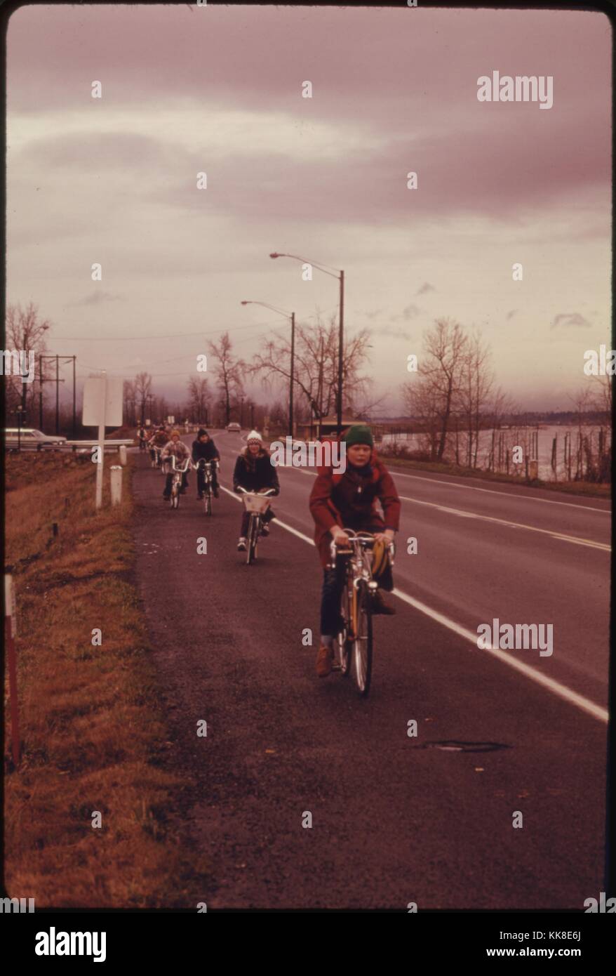 School Children, Were Forced to Use Their Bicycles on Field Trips During the Fuel Crisis in the Winter of 1974. There Was Not Enough Gasoline for School Buses to Be Used for Extracurricular Activities, Even During Dark and Rainy Weather. Image courtesy National Archives, 1974. Stock Photo