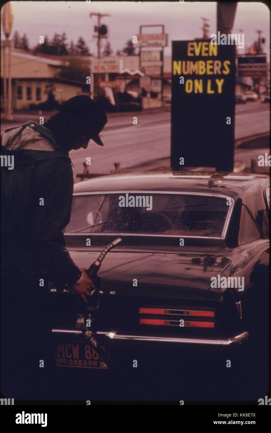 The State of Oregon Was the First to Go to a System of Odd and Even Numbers During the Gasoline Crisis in the Fall and Winter of 1973-74, Image courtesy National Archives, 1973. Stock Photo