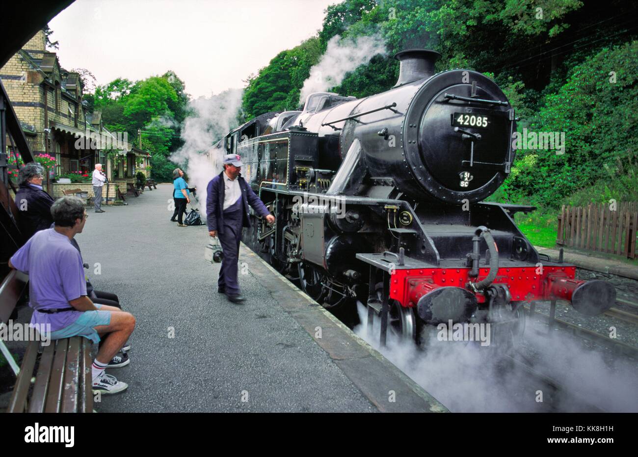 Steam locomotive on Lakeside and Haverthwaite Railway at Haverthwaite Station, Windermere, Lake District National Park, Cumbria. Stock Photo