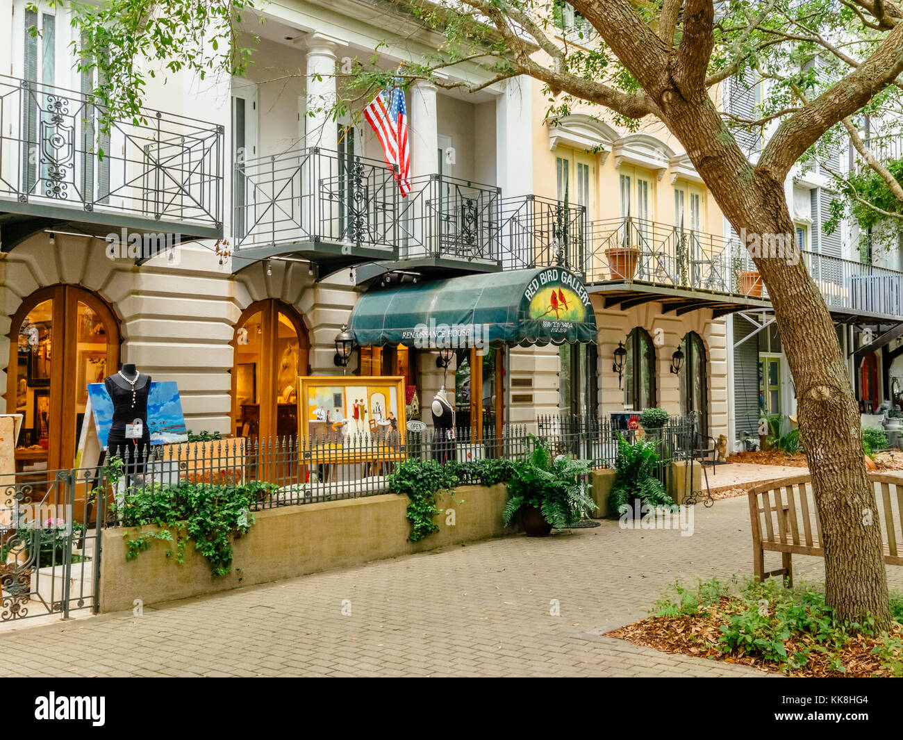 Sidewalk boutique and art gallery with outside display in Seaside Florida, USA, a beach resort town. Stock Photo