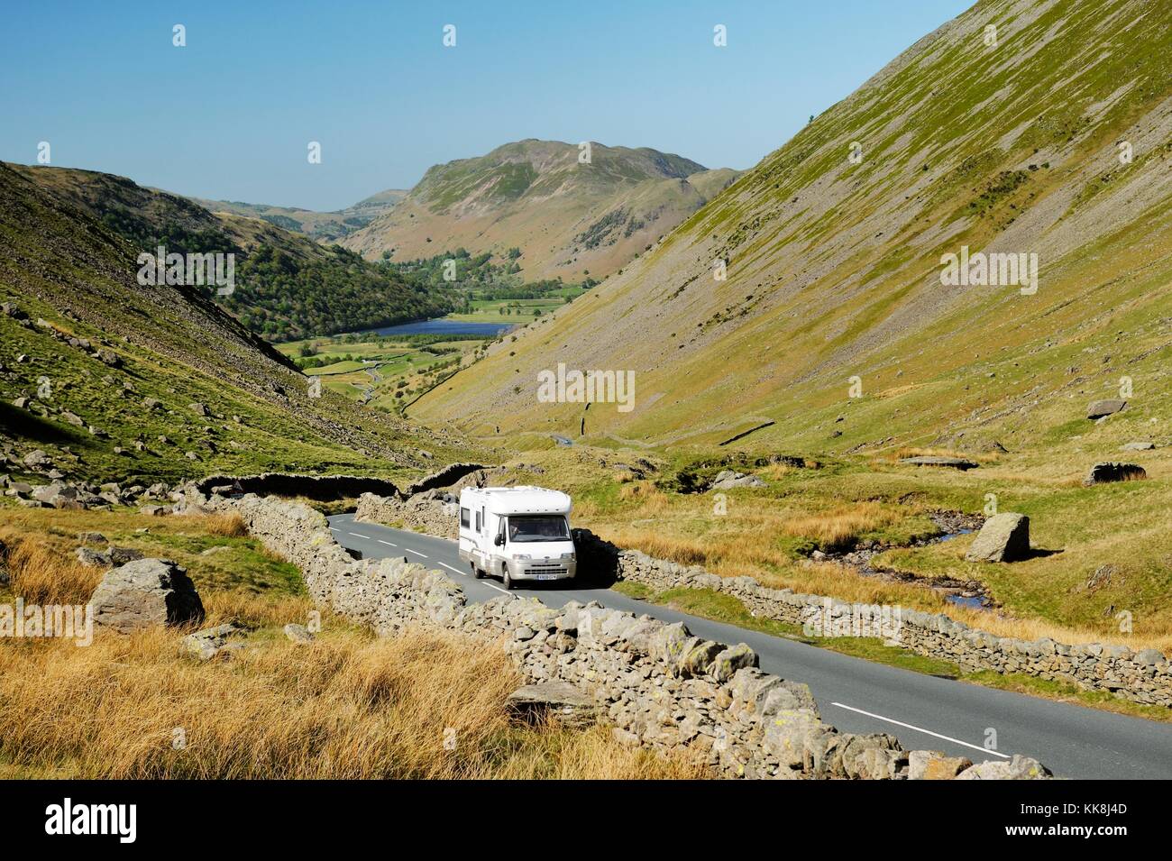 Cumbria, England. Mobile home camper van climbs Kirkstone Pass from