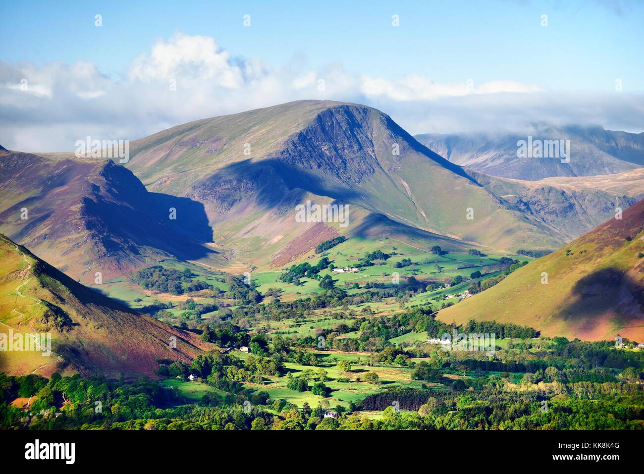 Lake District National Park, Cumbria, England. Southwest to Cat Bells, Robinson and Newlands Valley. Summer morning Stock Photo