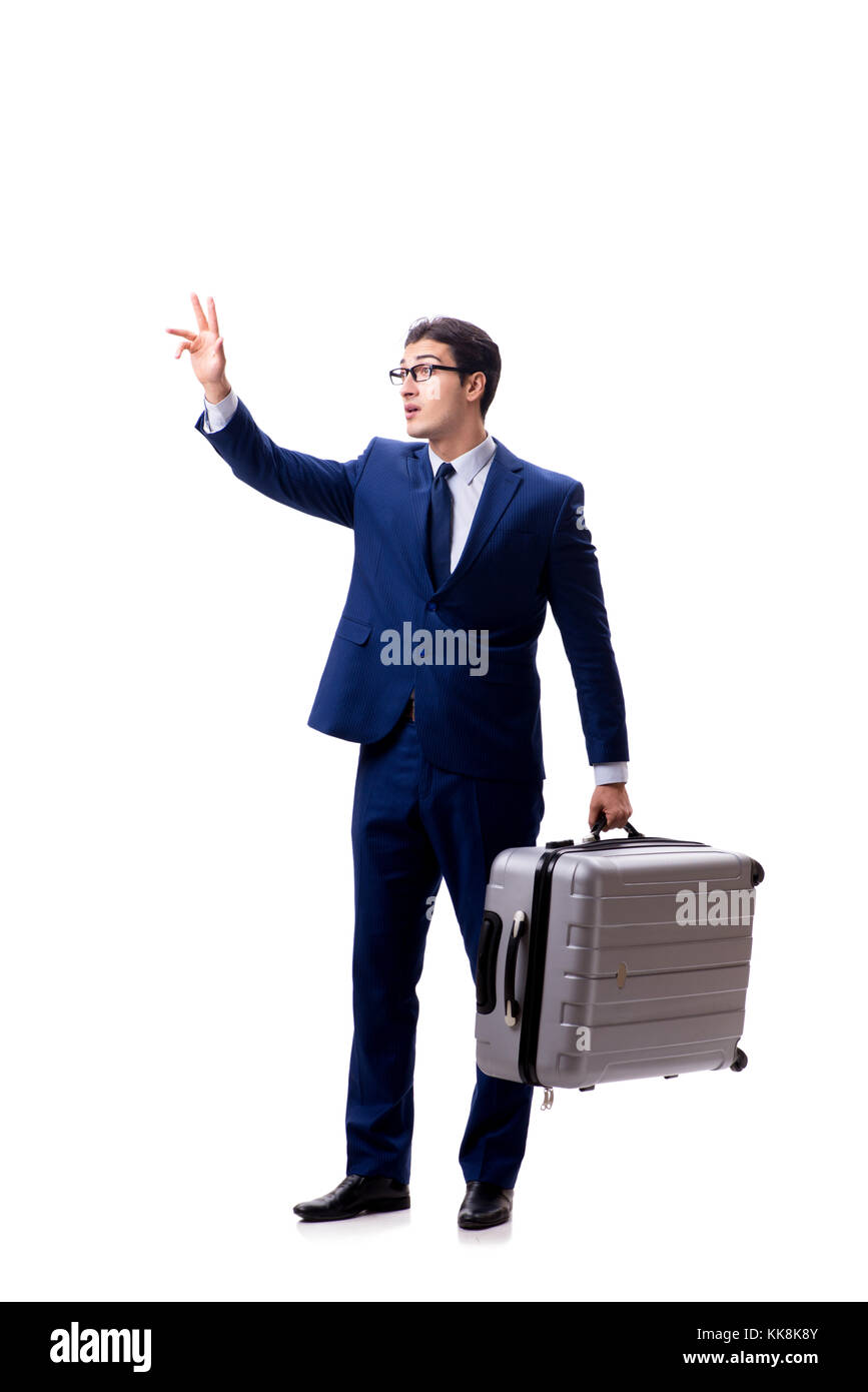 Young businessman with suitcase isolated on white background Stock Photo