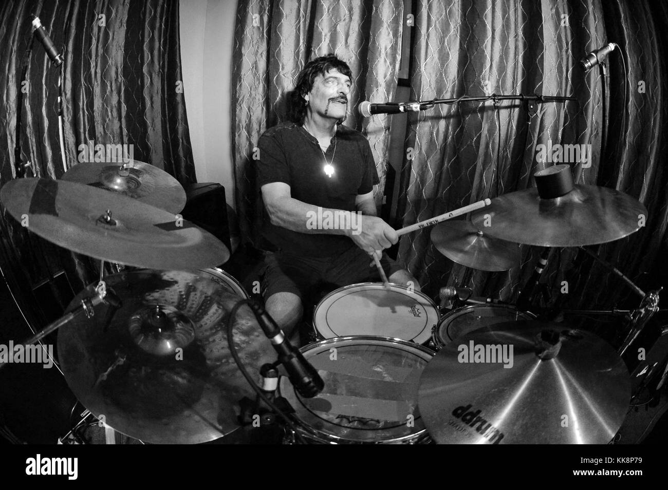 FORT LAUDERDALE, FL - MARCH 04: Carmine Appice and Steve Price perform at Rips Sports Bar and Grill. Carmine Appice is an American drummer and percussionist most commonly associated with the rock genre of music. Steve Price has played with such legendary musicians as Greg Allman, Dom um Ramao, Les Paul, Ray Gillan, Carmine Appice, Mike Portnoy, Ian Lloyd, Paul Morris, and Micheal Brecker on March 4, 2016 in Fort Lauderdale, Florida   People:  Carmine Appice Stock Photo