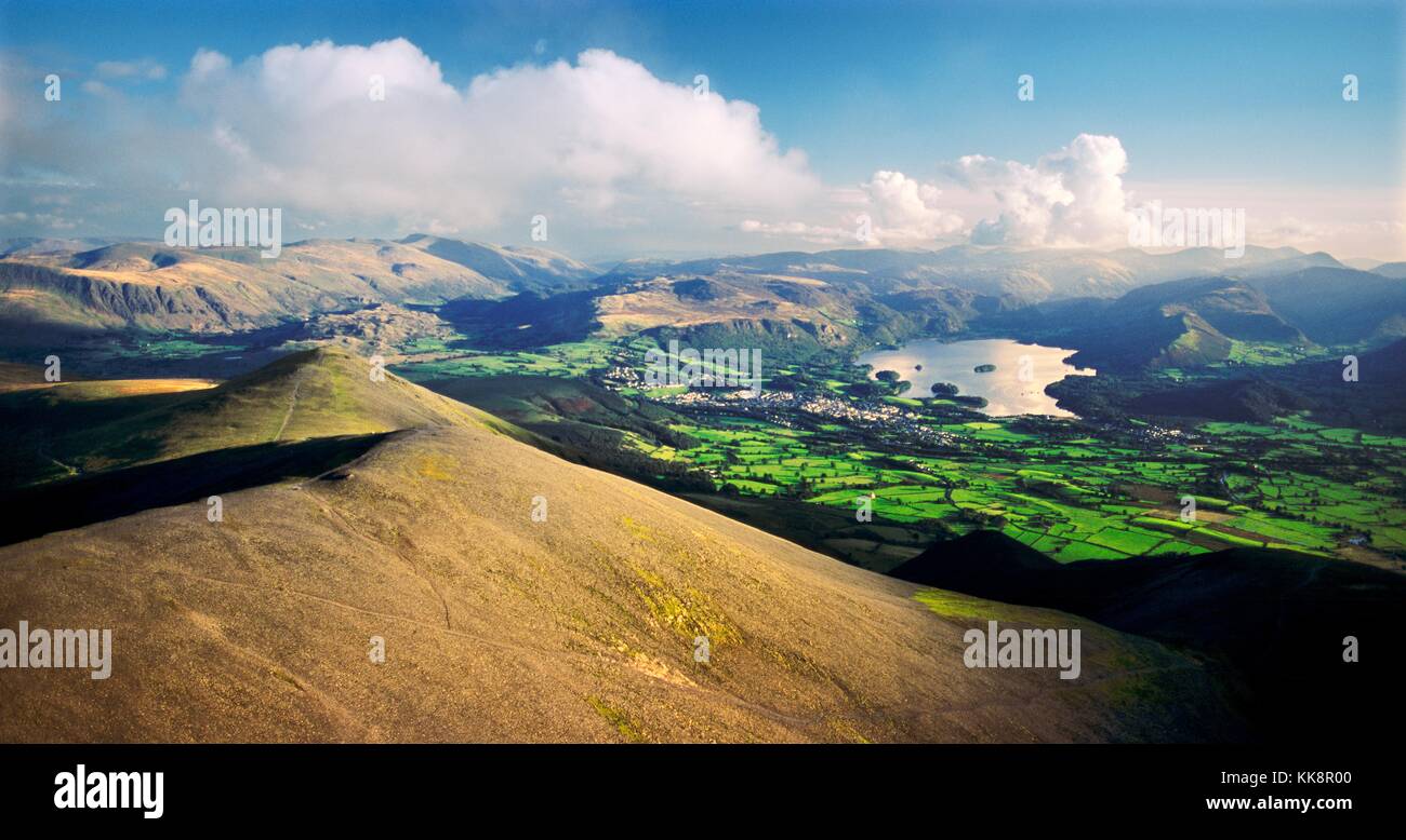Lake District National Park Cumbria. South over Skiddaw to Keswick and Derwentwater with Borrowdale and the central fells beyond Stock Photo