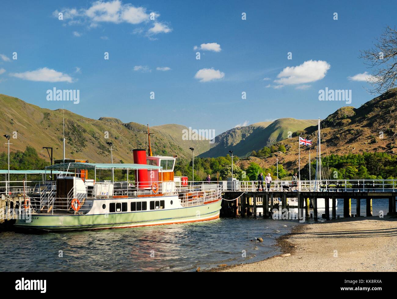 Ullswater, Cumbria, England. The lake passenger steamer boat landing pier at Glenridding. Looking south to the Patterdale fells Stock Photo