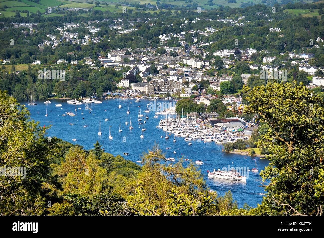 Windermere. Lake District National Park, Cumbria, England. N.E. over Bowness on Windermere boat moorings from above Far Sawrey Stock Photo