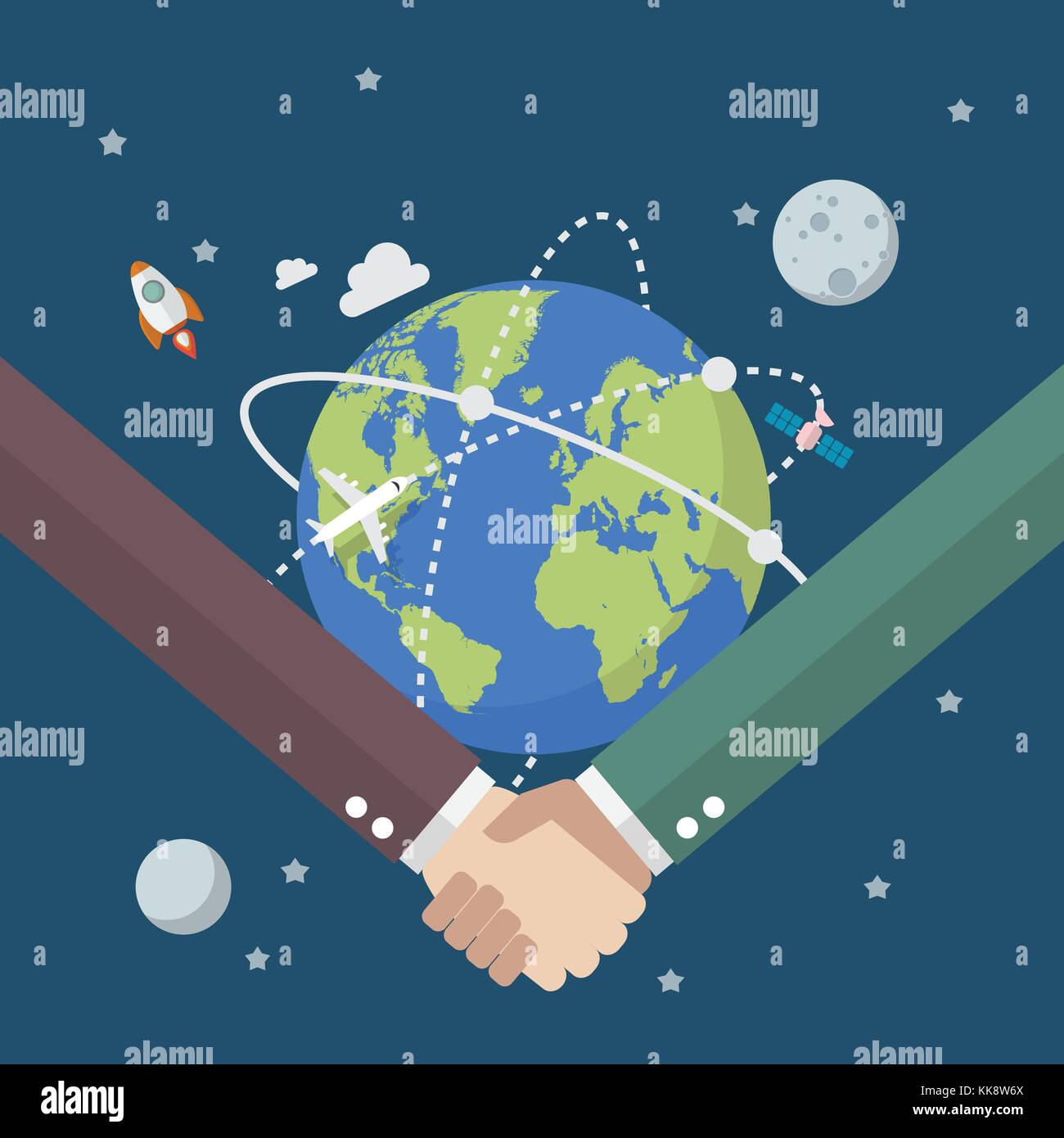 Business people shaking hands on globe. Vector illustration Stock Vector