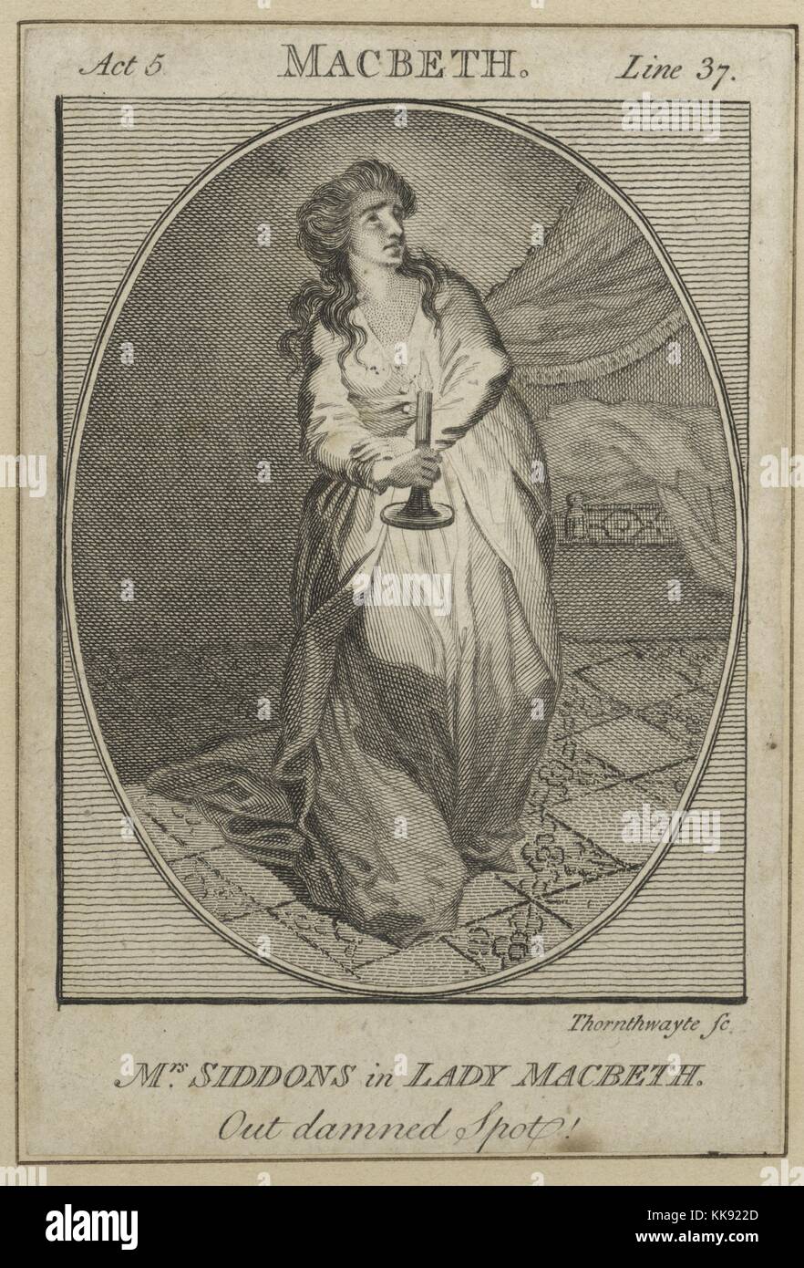 Etching and engraving with some stipple, of Sarah Siddons, a Welsh-born actress, the best known tragedienne of the 18th century, as Lady Macbeth in Shakespeare's play, whole length, standing, walking away from her bed, holding a candle in front of her, looking upwards to the right, in oval, 1784. From the New York Public Library. Stock Photo