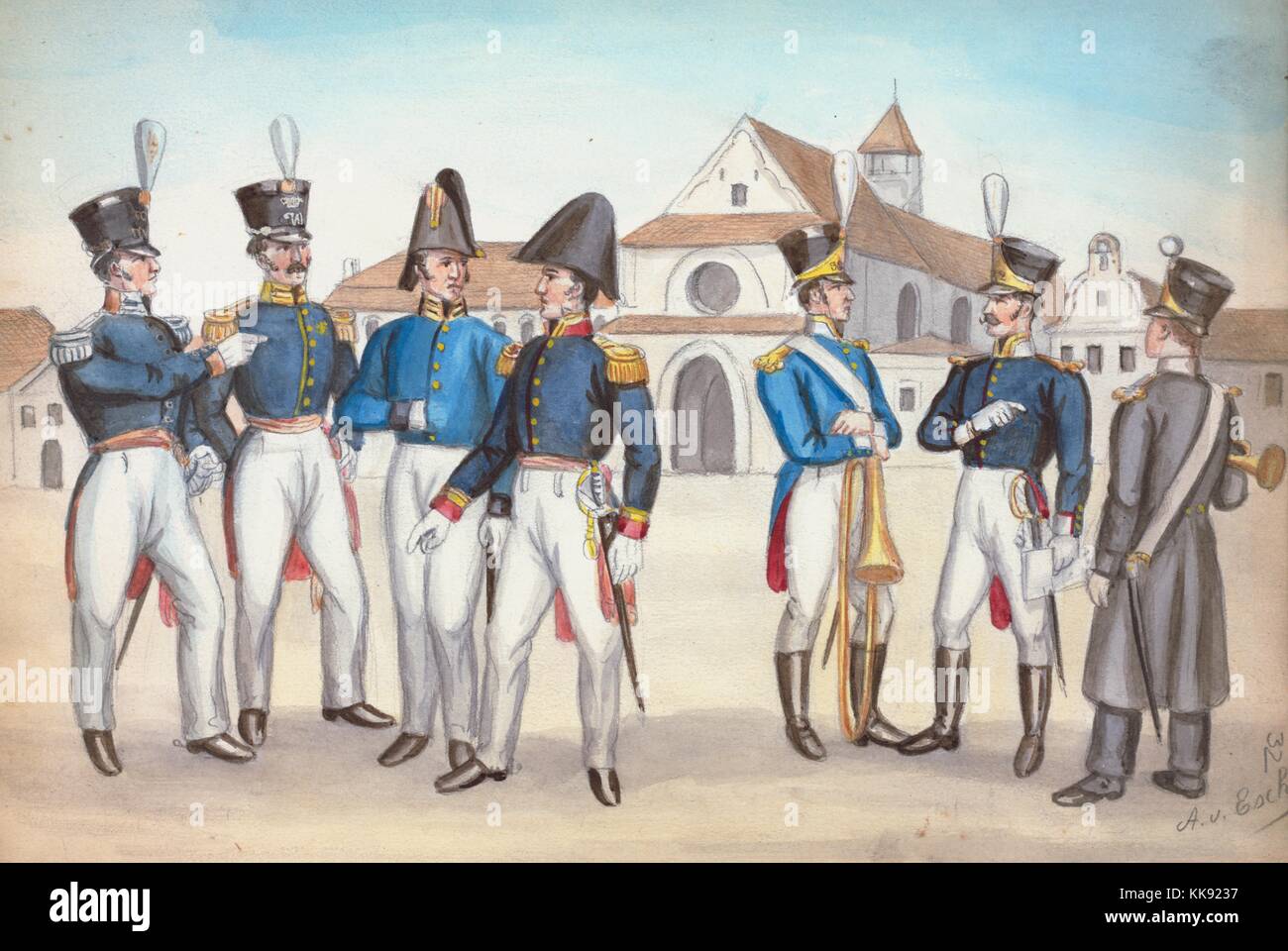 A painting depicting a group of Dutch soldiers wearing their uniforms, six of the soldiers wear a blue button down jacket and white pants, the soldier on the right wears a long grey jacket and grey pants, each soldier is of a different rank as indicated by the color and design of their jacket collars and epaulets, they also wears hats of varying designs, all of the soldiers carry swords at their sides and two soldiers have horns, Netherlands, 1910. From the New York Public Library. Stock Photo