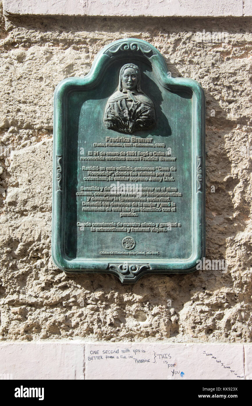 Memorial plaque for Fredrika Bremer, Havana, Cuba Stock Photo