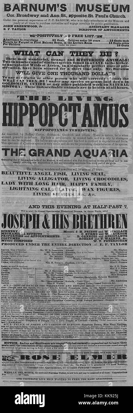An advertising program for Barnum's Museum, the advertisement features copy promoting various animals that they have live on display as well as a stage production, the museum was open from 1841 to 1865 when it burned down, it served as a zoo, freakshow and museum among other functions and was an extremely popular attraction in the time that it was open, New York, New York, 1853. From the New York Public Library. Stock Photo