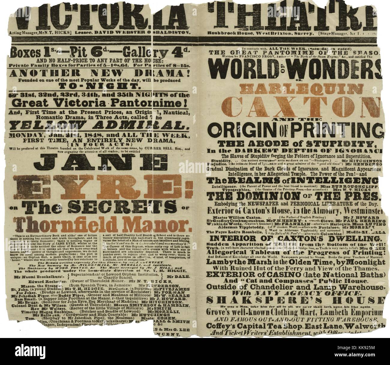 A playbill for the Victoria Theatre, the theatre is more commonly known as The Old Vic, the playbill features Jane Eyre: The Secrets of Thornfield Manor, it was a play written by John Courtney and was the first stage adaptation of Charlotte Bronte's novel Jane Eyre, it was staged a year after the release of the novel, the opposite gives detail of the themes and sets of a show called Harlequin Caxton and the World of Printing, the Old Vic was originally built in 1818 and was rebuilt in 1871, 1848. From the New York Public Library. Stock Photo