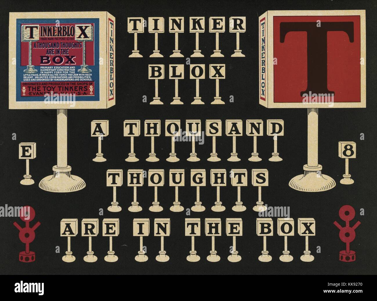 An advertisement for a game made by the Toy Tinkers called Tinkerblox, it was an educational toy aimed at teaching language skills to elementary school aged children, the Toy Tinkers were also the creators of the Tinkertoy construction sets, 1917. From the New York Public Library. Stock Photo