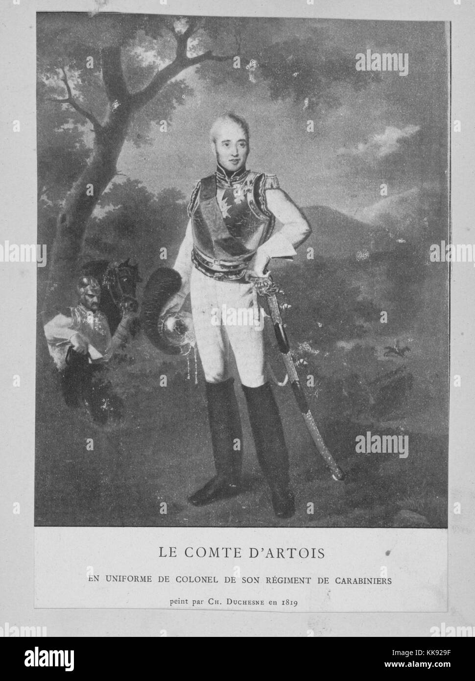 A full length portrait of Charles X of France, in the image he is shown wearing the military uniform of a colonel, he is wearing armor on his chest and is holding his helmet, he has a sword hanging from his hip, at the time of the portrait he was known by his title the comte d'Artois, his family fled France during the French Revolution, he eventually became King of France but was forced from power during the French Revolution of 1830, France, 1760. From the New York Public Library. Stock Photo