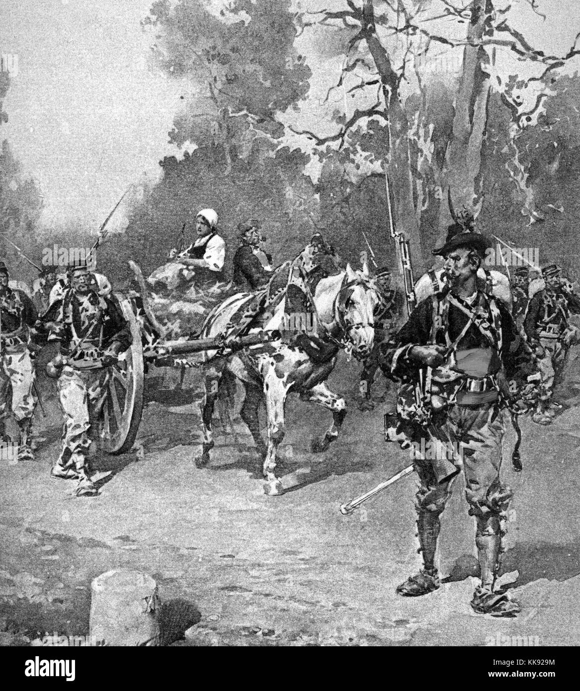 An painting of a group of French soldiers, the soldiers are all carrying rifles and other field gear, a horse is pulling a wagon on top of which a man and a woman are seated, the are traveling along a road that is surrounded by trees, France, 1760. From the New York Public Library. Stock Photo