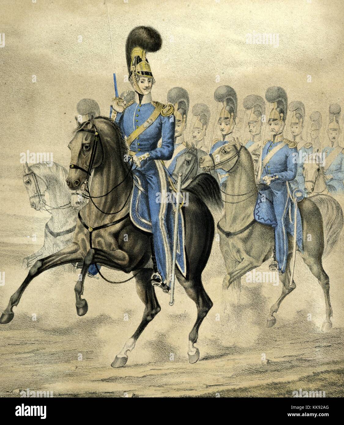 A colored etching depicting members of the German cavalry as they would have appeared early in the 19th century, they are all mounted on horseback and wearing uniforms that are blue with gold epaulettes and a sash, they wear black and gold helmets that are topped with a large black plume, 1760. From the New York Public Library. Stock Photo