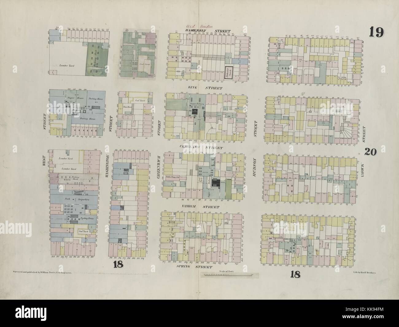 Engraved map image from an atlas, with original caption reading 'Plate 19: Map bounded by Hamersley Street, Varick Street, Spring Street, West Street', New York City, New York, 1859. From the New York Public Library. Stock Photo