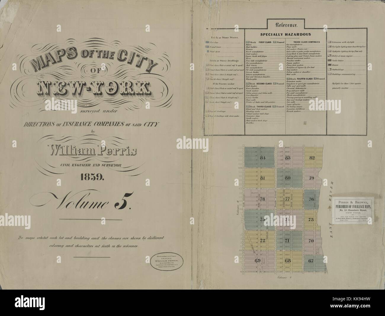 Engraved map image from an atlas, with original caption reading 'Volume 5 Index Map', New York City, New York, 1859. From the New York Public Library. Stock Photo