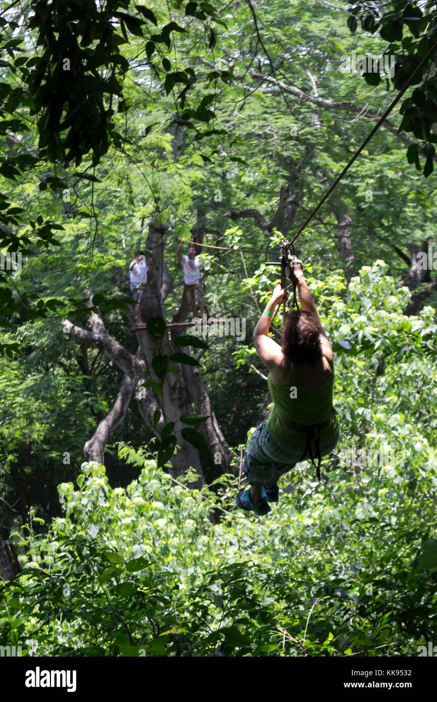 A tourist goes zip-lining in the forest. Ciudad Valles, San Luis Potosí. Mexico Stock Photo