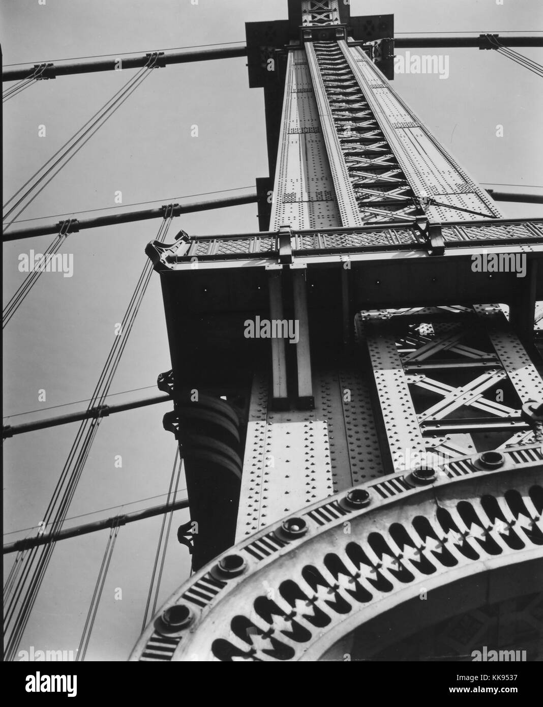 Black and white photograph of a detail of the Manhattan Bridge, from Bowery and Canal Street, Manhattan to Warren and Bridge Street, Brooklyn, Manhattan, New York, New York City, New York, 1936. From the New York Public Library. Stock Photo
