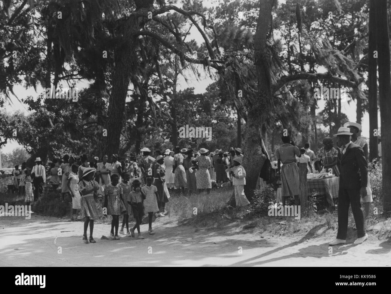 A photograph of a large group of people gathered for a Fourth of July celebration, the group consists of men, women and children, everyone is dress in seaonsally appropriate formal clothing, the men are wearing suits, ties and light colored hats, the women wear light dresses, they are gathered at the edge of a wooded area, someone has set up a table with food on the right hand side of the photograph, St. Helena Island, South Carolina, 1877. From the New York Public Library. Stock Photo