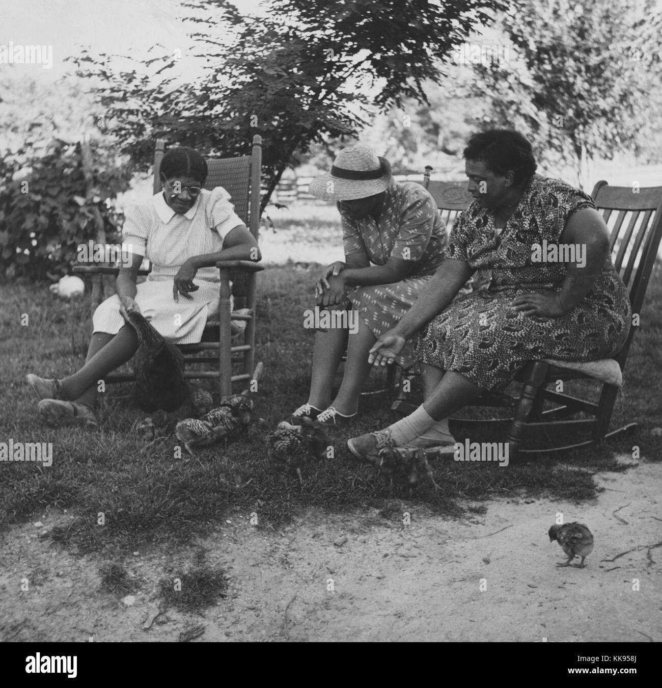 A photograph of three women sitting to have a conversation, two of the women are supervisors from the Farm Security Administration while the third woman is an FSA borrow, they are discussing problems with the borrowers home, the FSA was a New Deal agency that was created to combat rural poverty in the United States, the women are seated in a shade covered portion of the borrowers property and are watching a group of small birds that eating near their feet, St. Mary's County, Maryland, 1877. From the New York Public Library. Stock Photo