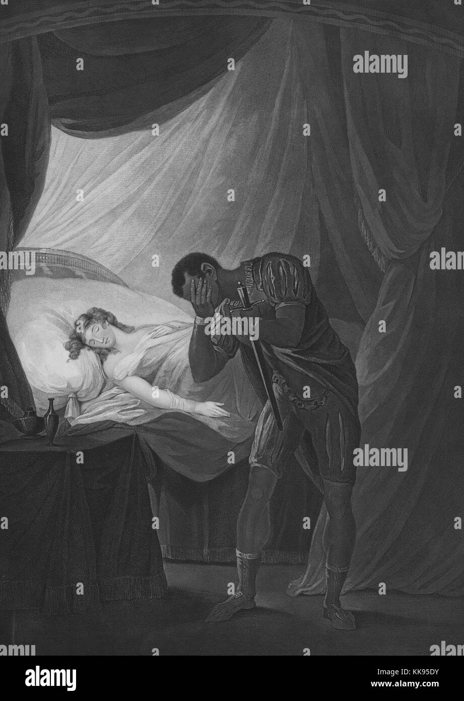 Engraved illustration 'Desdemona in bed asleep', from Othello (Act V, scene 2), part of 'A Collection of Prints, from Pictures Painted for the Purpose of Illustrating the Dramatic Works of Shakspeare, by the Artists of Great-Britain', published by John and Josiah Boydell, 1803. From the New York Public Library. Stock Photo