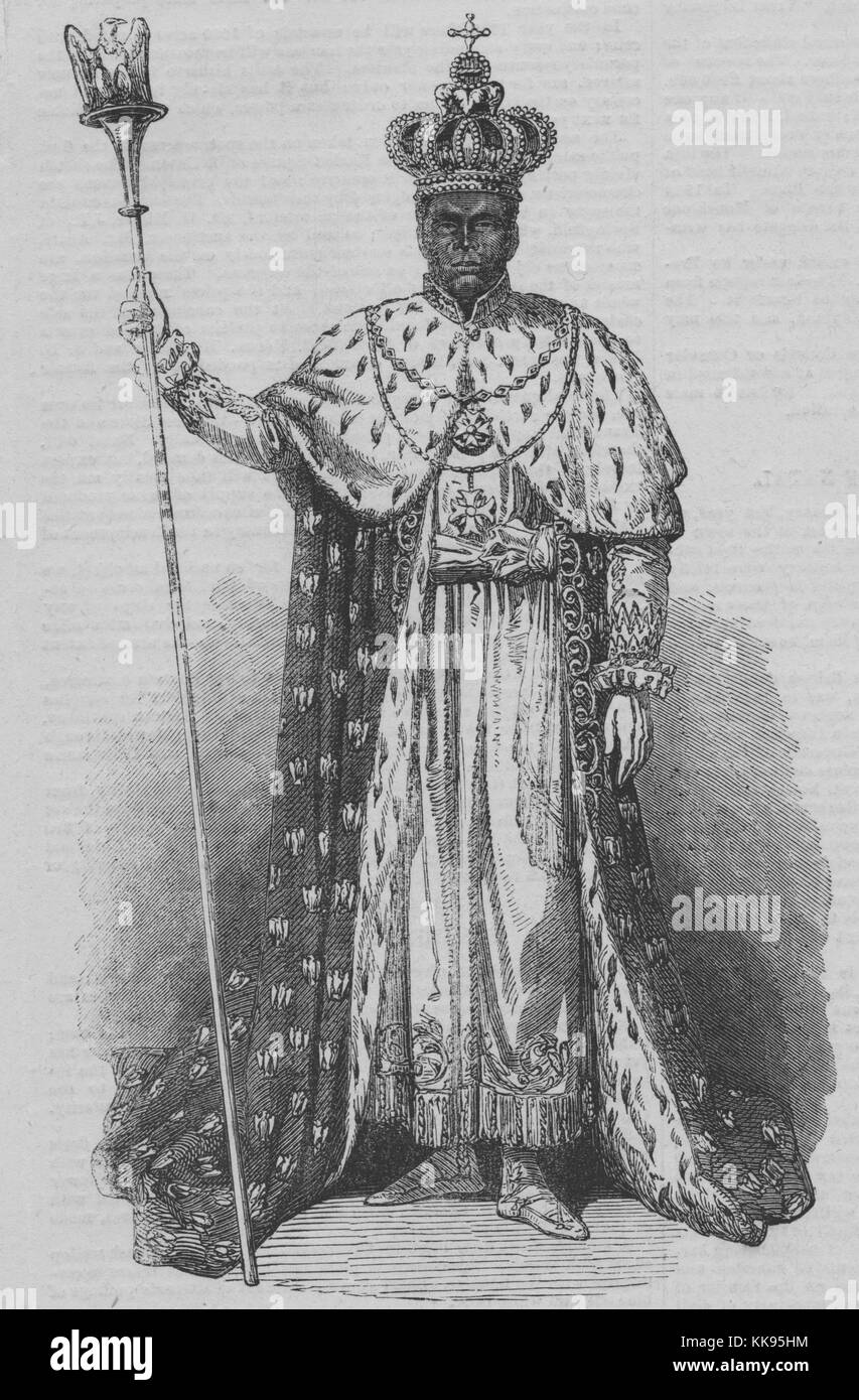 Engraved full length portrait of Faustin Soulouque, a career officer and general in the Haitian Army elected President of Haiti in 1847, in 1849 he was proclaimed Emperor of Haiti under the name Faustin I, wearing a crown and royal robes, 1877. From the New York Public Library. Stock Photo