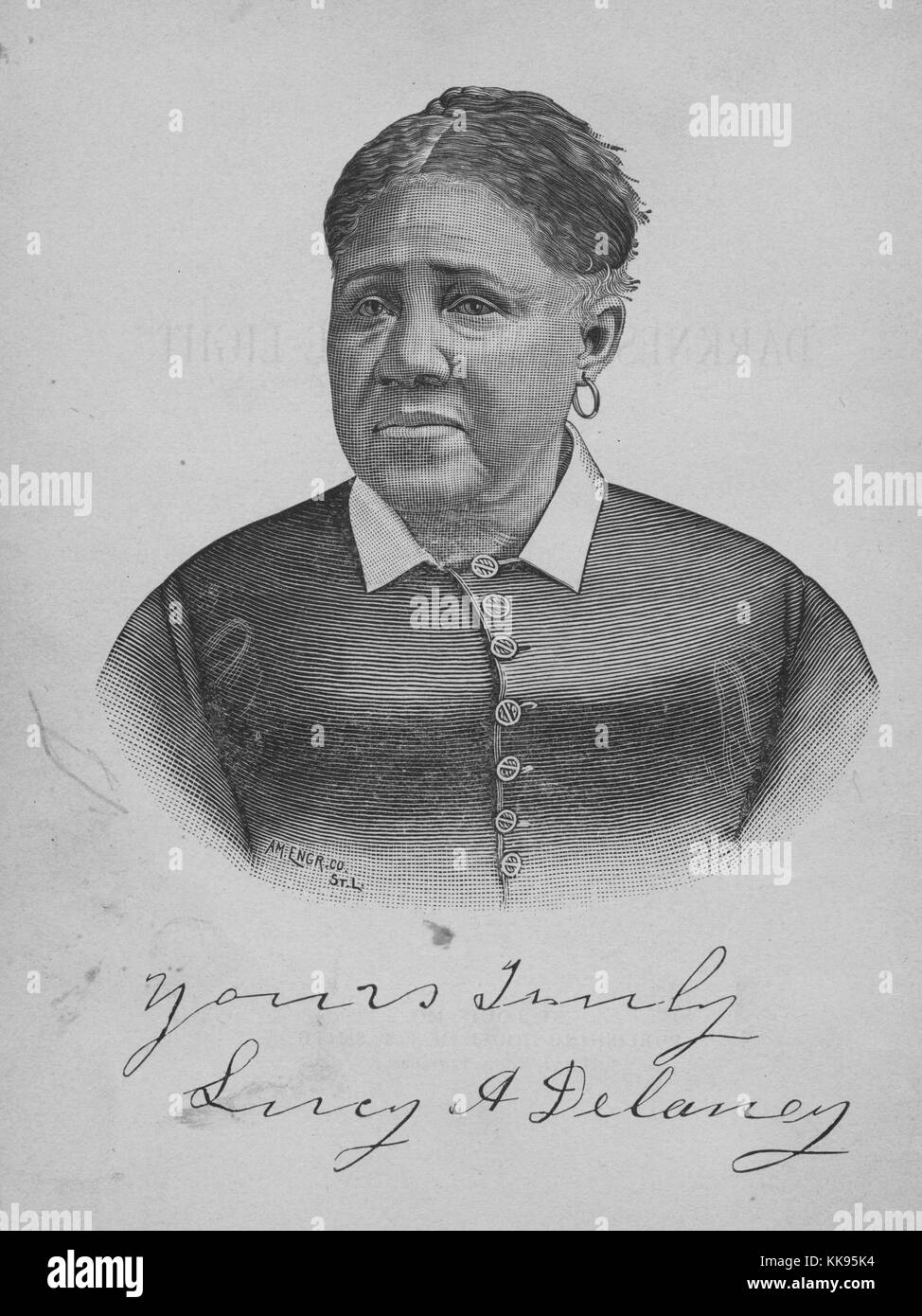 A etching from a portrait of Lucy Delaney, she was a former slave who went on to become a writer and activist, she is best known for her book 'From the Darkness Cometh the Light, or, Struggles for Freedom', it is the only first person account of a Freedom Suit which were lawsuits brought by slaves against slaveholders arguing their right to freedom, her mother won her freedom more than a year and a half before Lucy was freed, she received the support of Edward Bates who would become the United States Attorney General under Abraham Lincoln, 1880. From the New York Public Library. Stock Photo