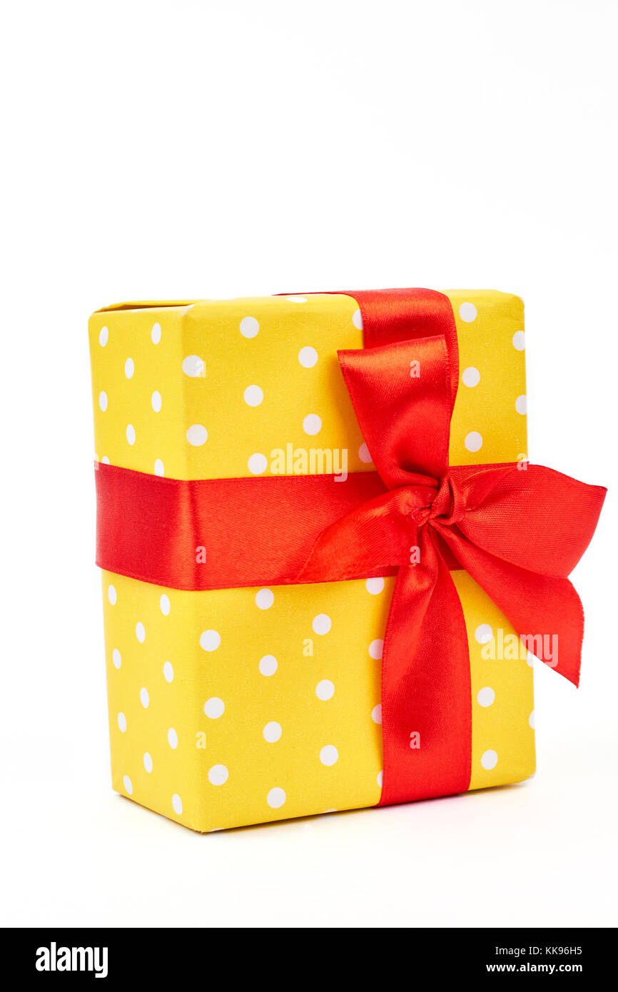 Yellow polka dot pattern gift box. Stock Photo