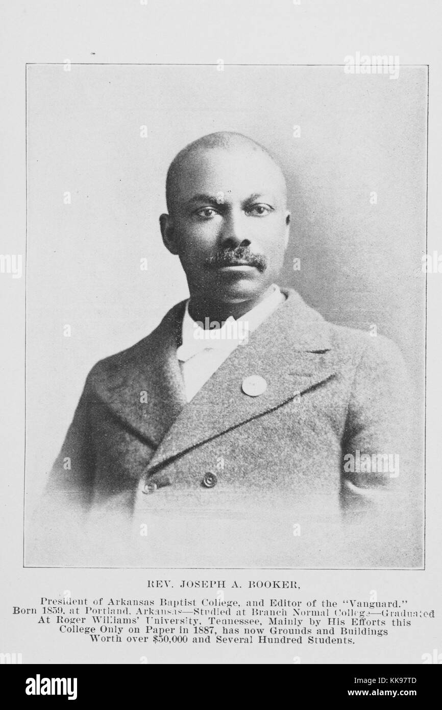Black and white photograph, portrait, of Joseph A. Booker, noted editor, educator, and community leader, was for four decades a prominent leader in Arkansas racial relations and a pioneer in African-American education in the state, 1902. From the New York Public Library. Stock Photo