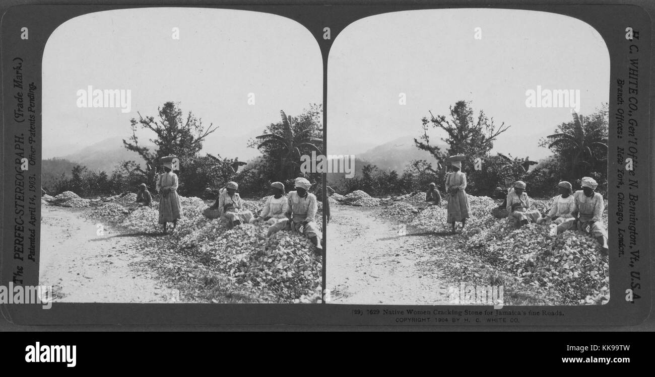 A stereograph of a group of Jamaican women cracking stones for use on the roads, four of the women in the photograph sit on top of piles of stones to perform their work, a fifth woman carries a basket of stones in a basket placed on top of her head, trees and mountains are visible behind them, 1904. From the New York Public Library. Stock Photo