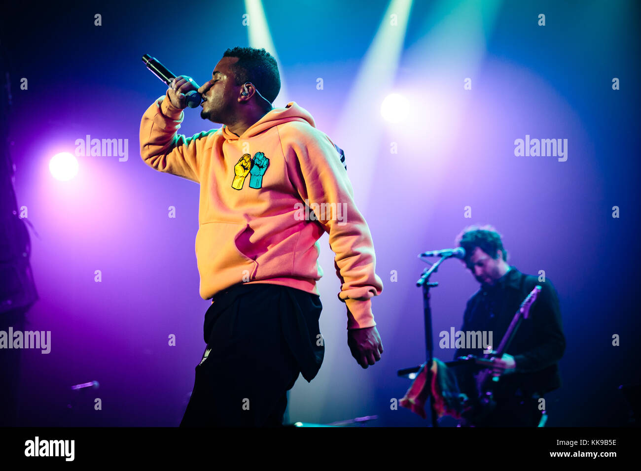 The Swedish rapper Erik Lundin makes a guest appearance for the singer, musician and songwriter Håkan Hellström at Grieghallen in Bergen. Norway, 24/06 2017. Stock Photo