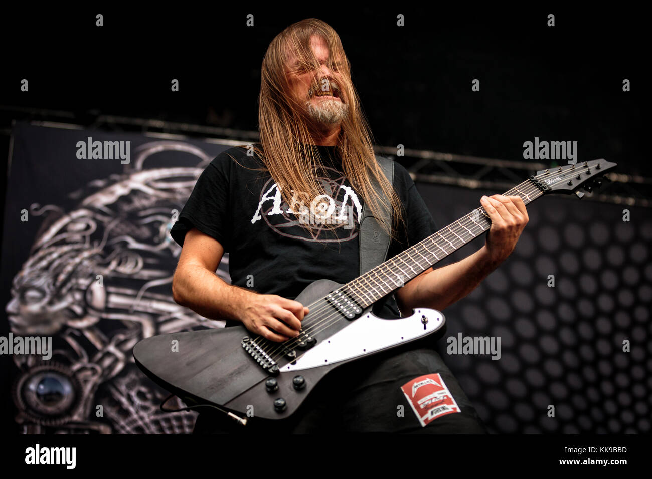 The Swedish extreme metal band Meshuggah performs a live concert at  Bergenhus Festning in Bergen. Here musician and guitarist Fredrik  Thordendal is pictured live on stage. Norway, 20/08 2015 Stock Photo - Alamy