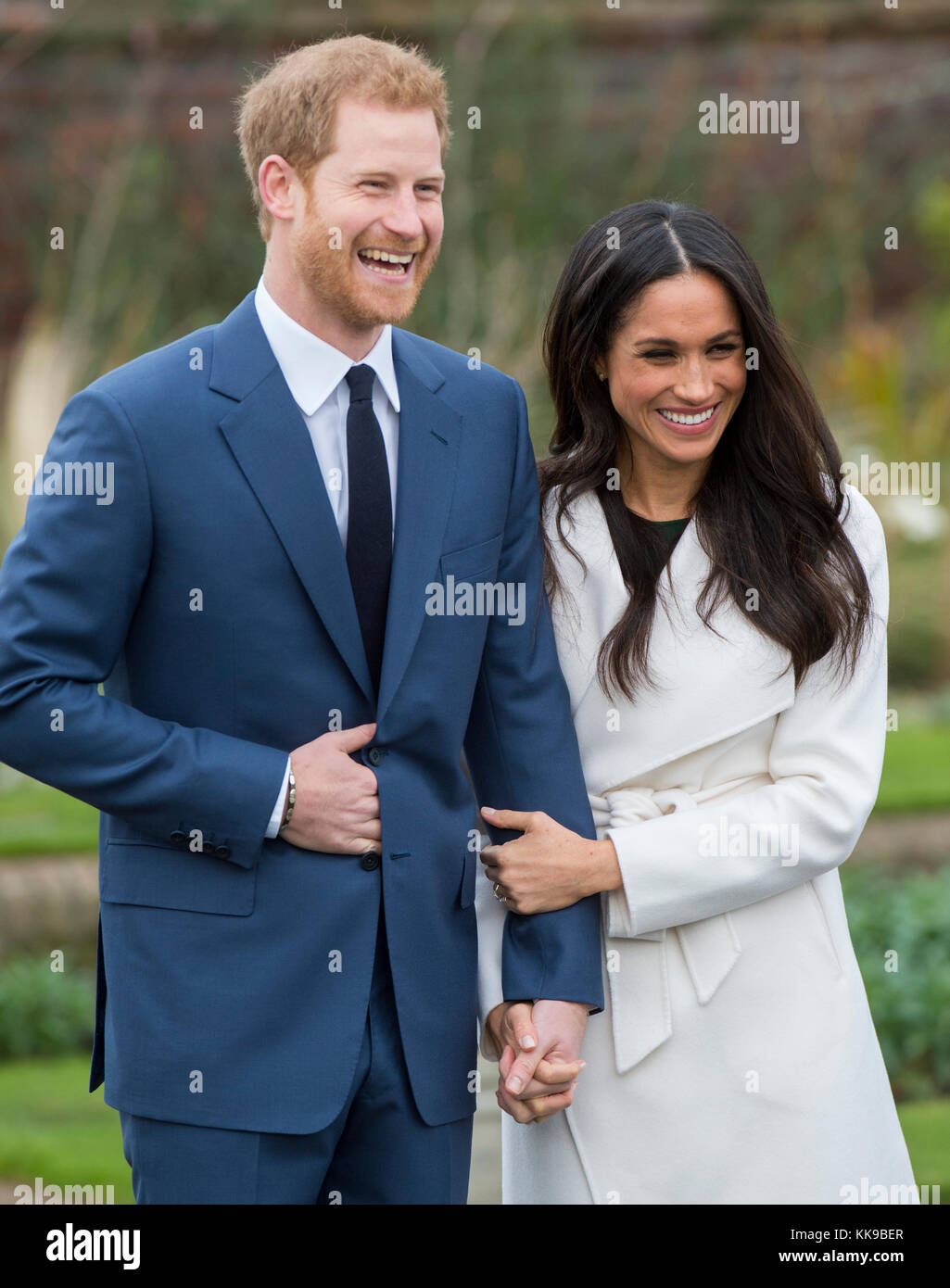 Kensington Palace announce the engagement of Prince Harry Wales to U.S. Actress Meghan Markle in the water garden of Kensington Palace in London. Stock Photo