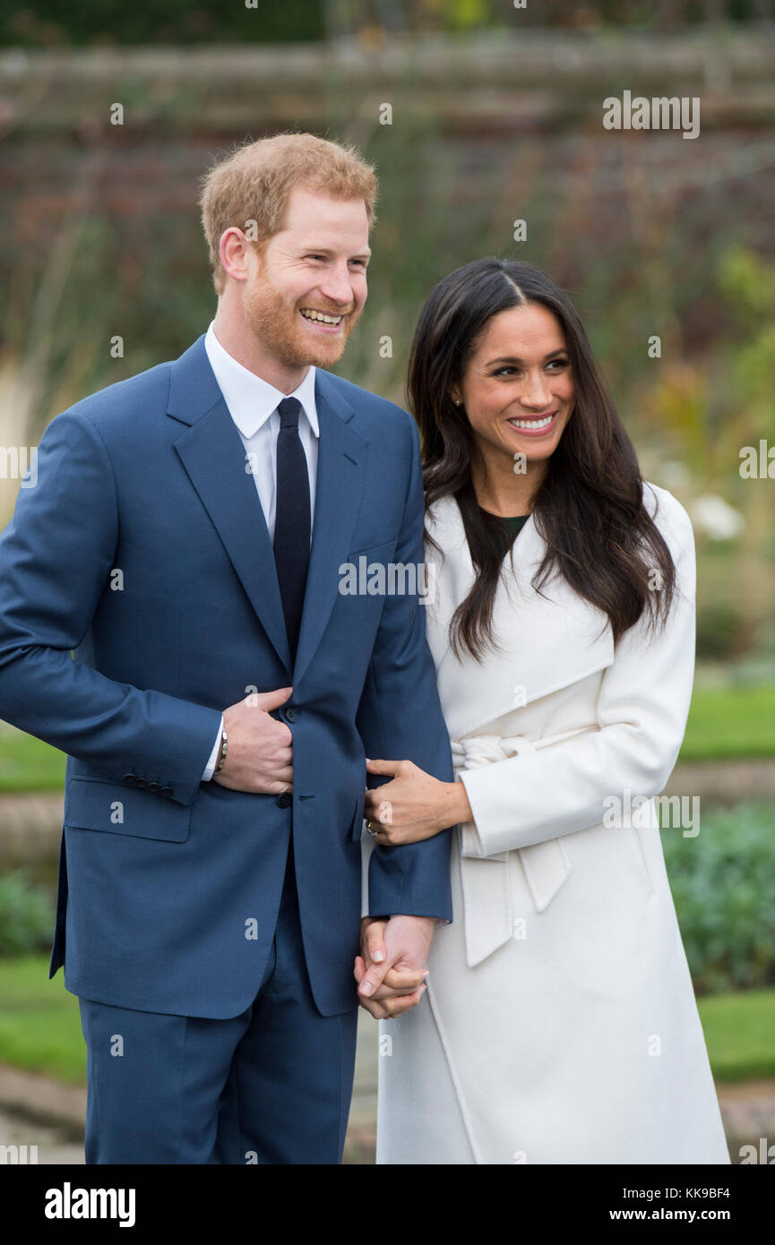 Kensington Palace announce the engagement of Prince Harry Wales to U.S. Actress Meghan Markle in the water garden of Kensington Palace in London. Stock Photo