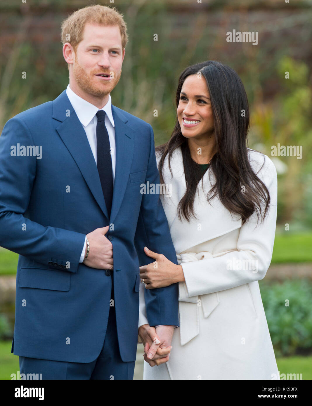 Kensington Palace announce the engagement of Prince Harry Wales to U.S. Actress Meghan Markle in the water garden of Kensington Palace in London. Stock Photo