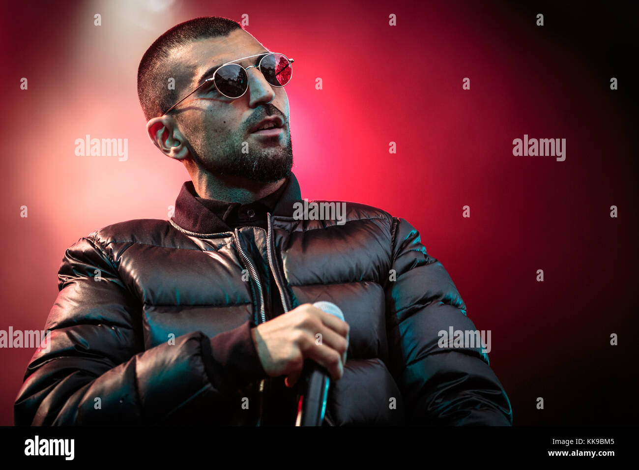 The Danish rapper Sivas (Stylized S!vas) performs a live concert at Bastionen in Bergen. Sivas has an Iranian background and mess up the Danish dictionary combining Danish, English and Arabian in one big ghetto mixture. Norway, 28/08 2015. Stock Photo