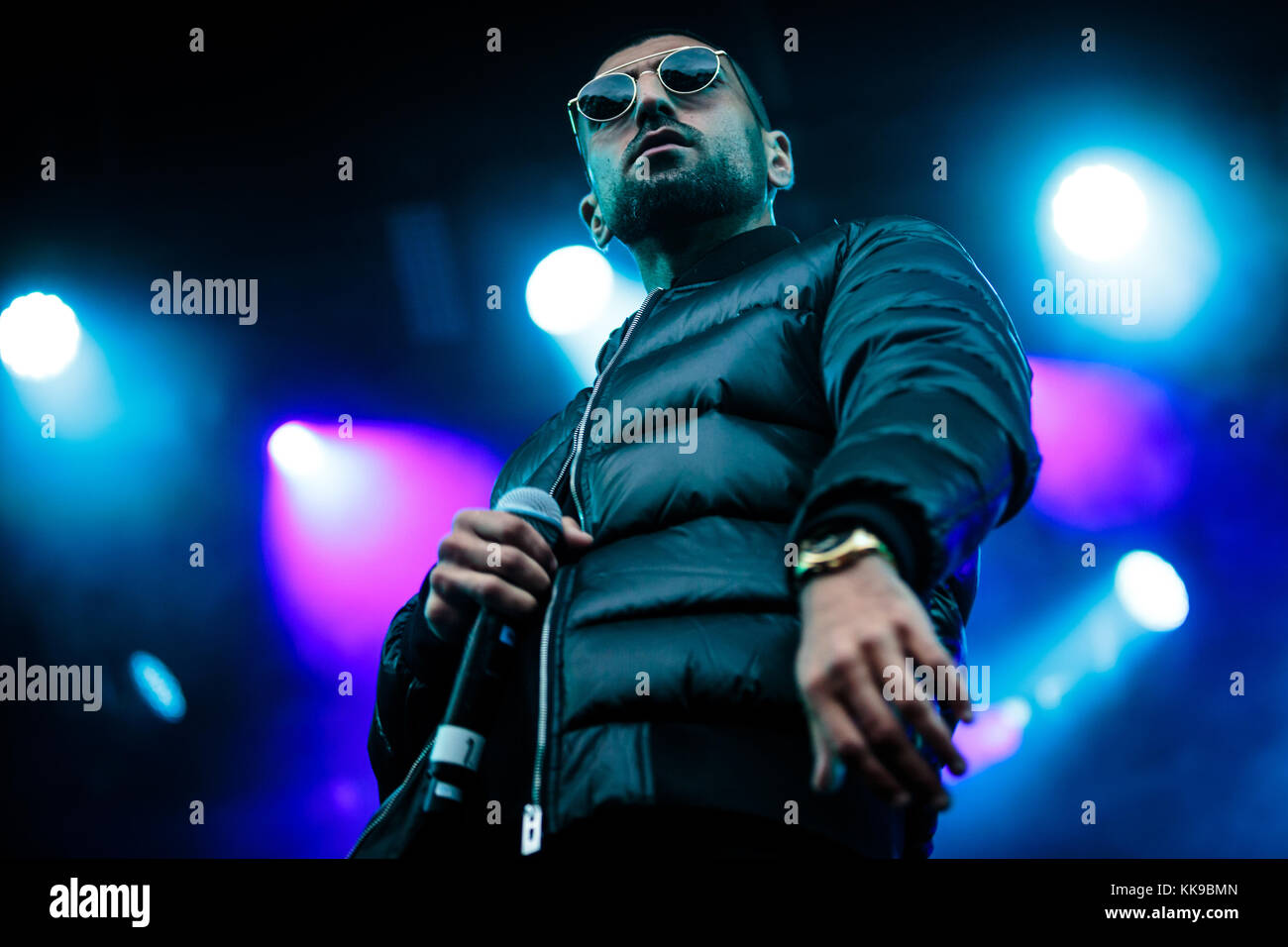 The Danish rapper Sivas (Stylized S!vas) performs a live concert at Bastionen in Bergen. Sivas has an Iranian background and mess up the Danish dictionary combining Danish, English and Arabian in one big ghetto mixture. Norway, 28/08 2015. Stock Photo
